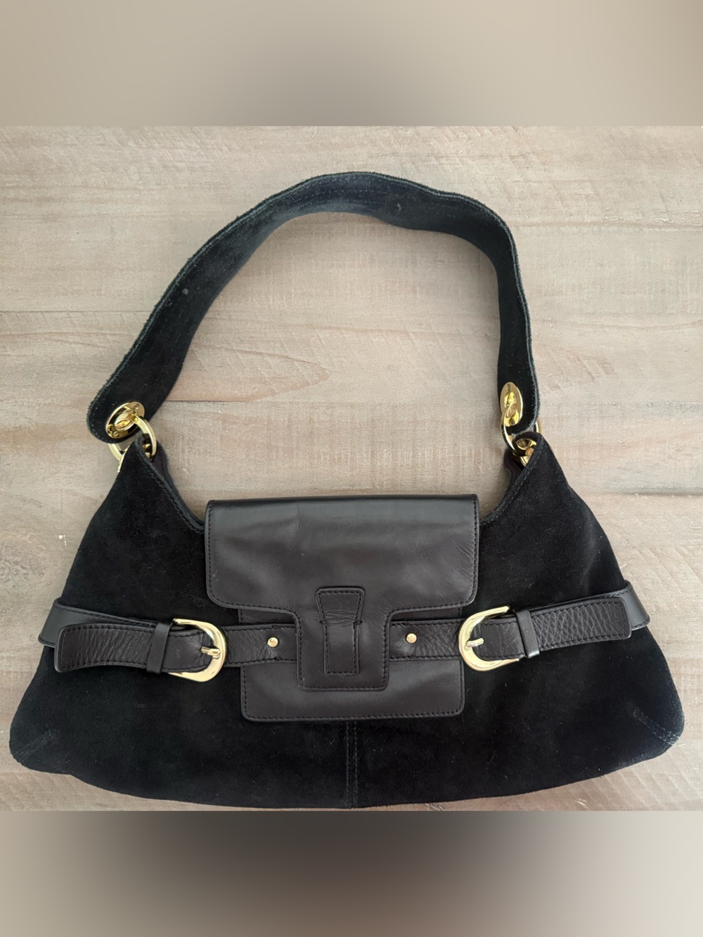 Banana Republic Black Suede Leather Shoulder Bag Gold Hardware Buckle Hobo Purse